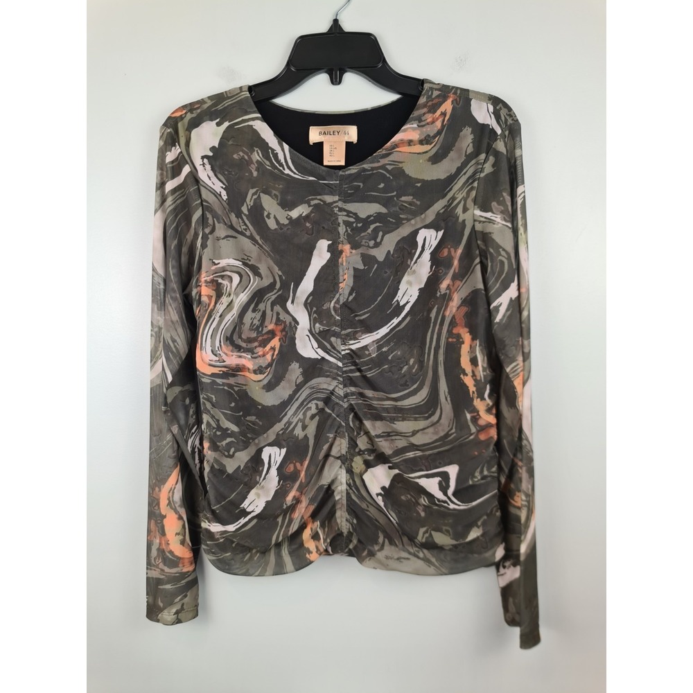 Bailey 44 Women's Marble Print Rouched Long Sleeve L Top Blouse Camo Swirl Sheer